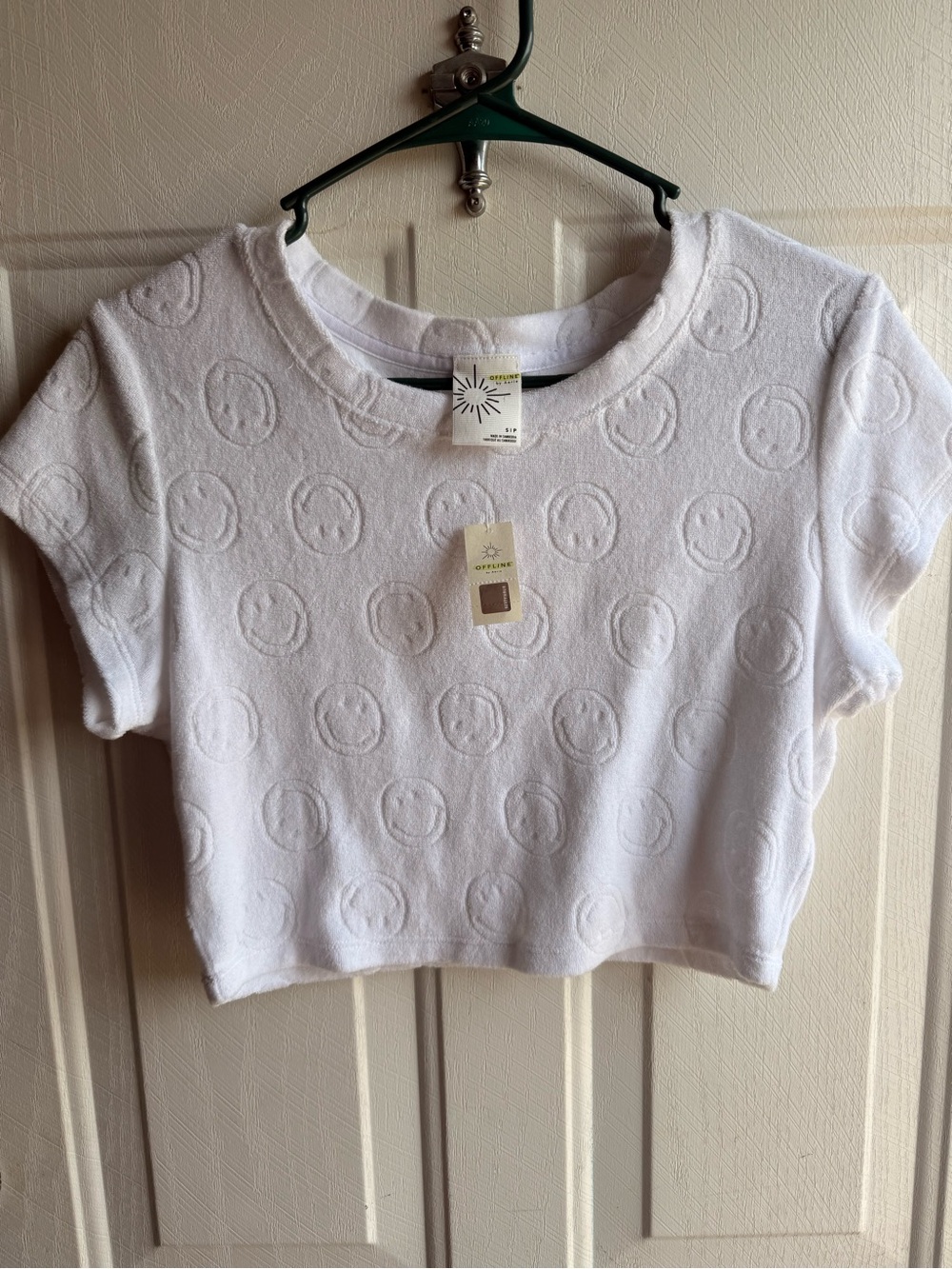 aerie White Terry Cropped Smiley Tee Top